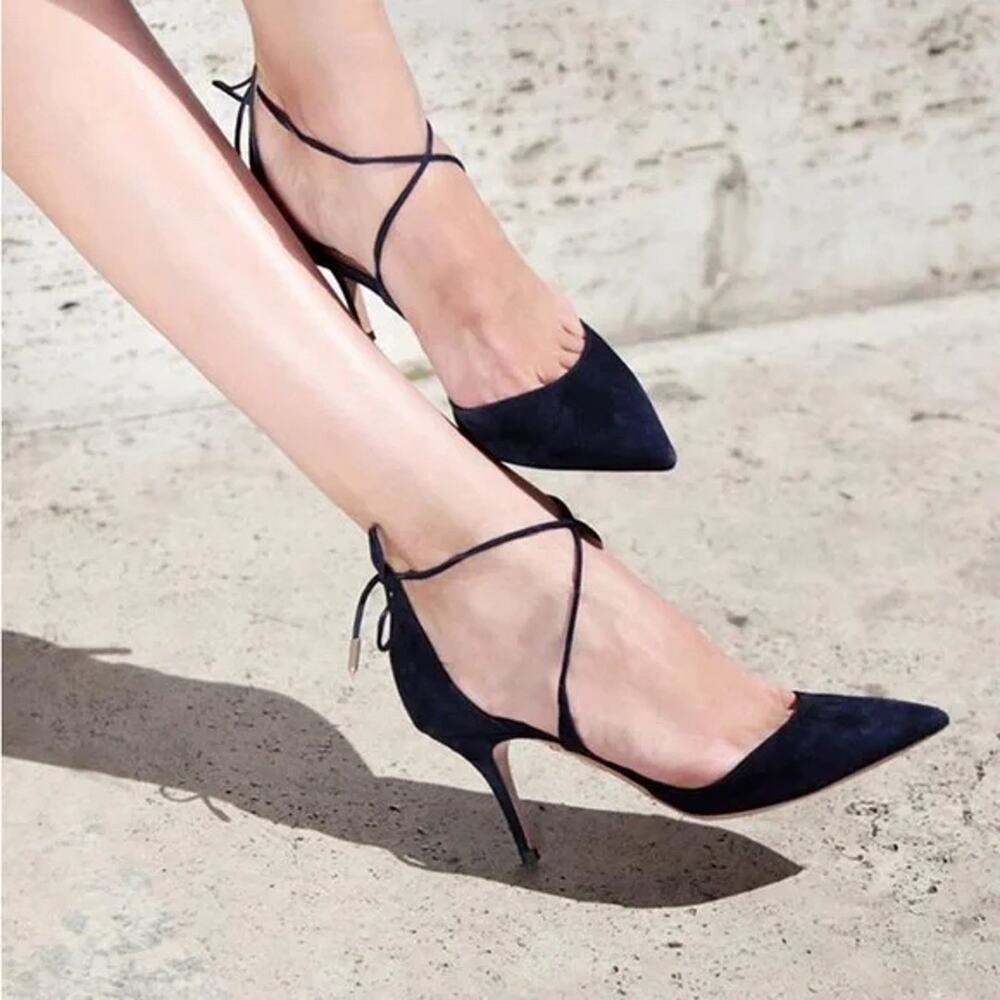 Aquazzura‎ Matilde Suede Pumps Black Crisscross Pointed Toe Heels Sz 39 / 9